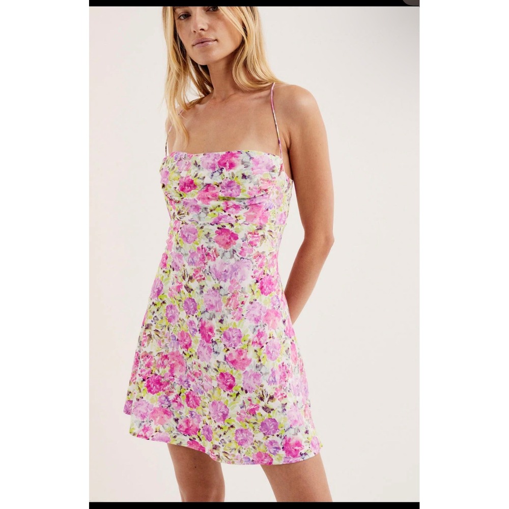 For Love & Lemons Paulina Mini Dress Pink Floral Lace Up XS NEW Cottagecore